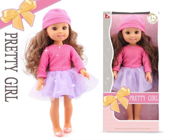 Poupée brune 24cm avec jupe en tulle parme + pull et bonnet rose